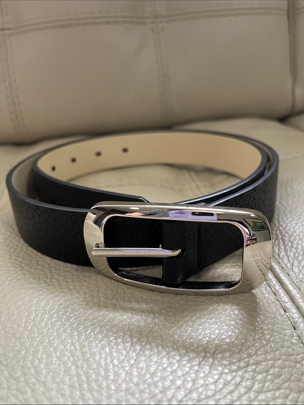 Calvin Klein Black Leather Belt with Silver Buckle Medium Size